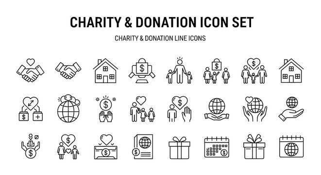 Charity and donation icon set with various symbols representing giving, help, and community support, isolated on white background