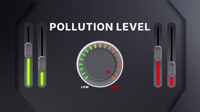 Animation of Pollution level on a circular gauge moving from low to high and back. Can be used to show increase or decrease. Perfect for ecology, air, and environment visuals.