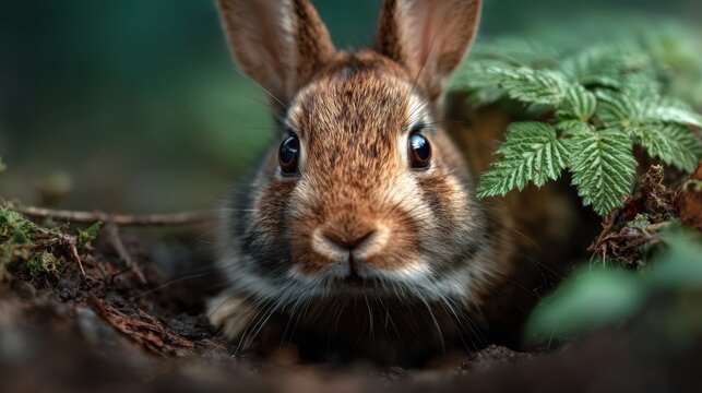 A delightful close-up of a brown rabbit peeking out from its burrow, surrounded by lush greenery, showcasing its expressive eyes and soft fur in a natural setting.
