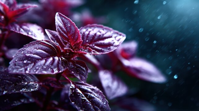 This close-up captures vibrant purple basil leaves adorned with glistening raindrops, showcasing the beauty and freshness of nature and the organic world.