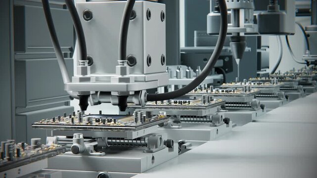 Technology future Macro Shot scene. Automatic Pick and Place machine quickly install Components on Circuit Board. Electronics and Circuit board Manufacturing Factory. Loopable 4k