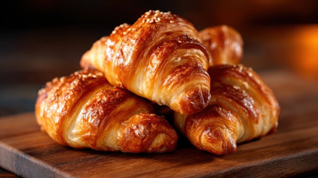 A stack of golden, flaky croissants rests on a rustic wooden board, highlighting the art of baking and the joy of fresh pastries enjoyed during breakfast.