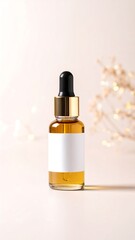 Golden serum bottle on a beige backdrop
