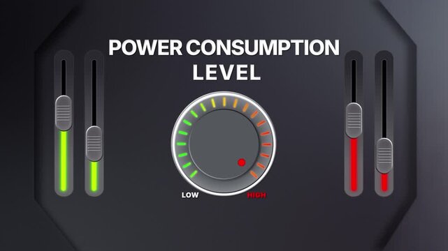 Animation of Power Consumption level on a circular gauge moving from low to high and back. Can be used to show increase or decrease. Perfect for energy, eco, or industrial content.
