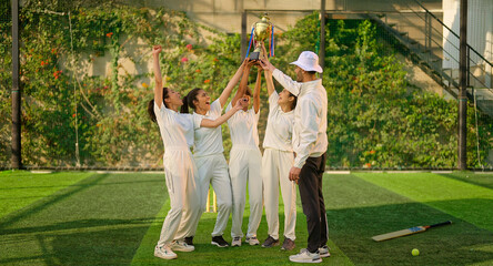Indian asian young adult gen z sports woman lady group team standing with coach man win cricket match trophy do celebrate outdoor male trainer female player cheering having fun joy outside play ground