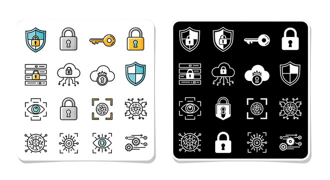 Collection of cybersecurity icons including shields, locks, keys, cloud, eye, bug, and network elements, presented in both color and monochrome versions, isolated on white background