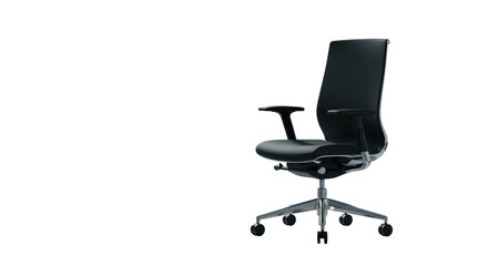 Empty, sleek black ergonomic office chair in a clean, cool-toned minimalist office with a desk and soft-focus window view, shallow depth of field, concept of business growth and potential