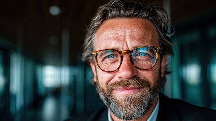 A charismatic businessman dressed in formal attire with glasses, smiling warmly for the camera, exuding confidence and professionalism in a modern office environment.