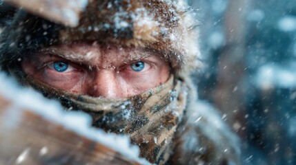 A rugged man stares intensely from a snowy environment, his piercing blue eyes prominent through his fur-lined hat and face scarf, capturing a fierce spirit against the cold.