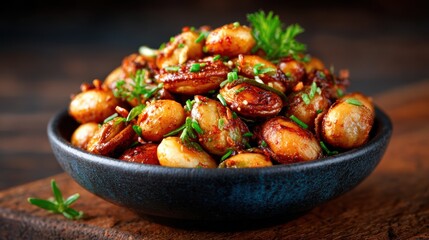 A beautifully presented bowl of spiced nuts captures an appetizing blend of flavors and textures, inviting snack lovers to indulge in a savory and crunchy experience.