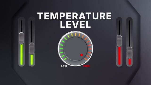Animation of Temperature level on a circular gauge moving from low to high and back. Can be used to show increase or decrease. Perfect for health, climate, or data visuals.