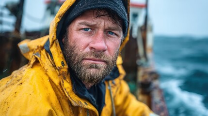 A focused portrait of a fisherman in a yellow raincoat during tough weather, capturing determination and resilience while showcasing a connection to nature and work's challenges.
