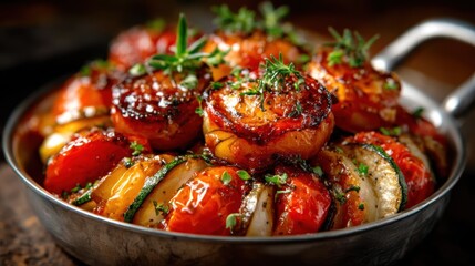 This artfully arranged ratatouille features roasted tomatoes, zucchini, and herbs in a metallic dish, capturing a vibrant medley of colors and heartwarming flavors for a visual delight.