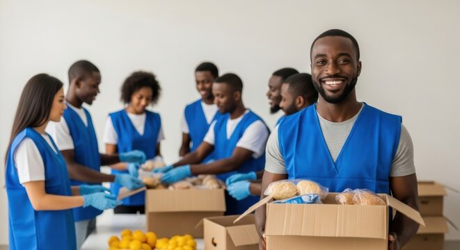 A smiling African American volunteer in a blue vest proudly holds a box of food donations at a community food bank event. - Powered by Adobe