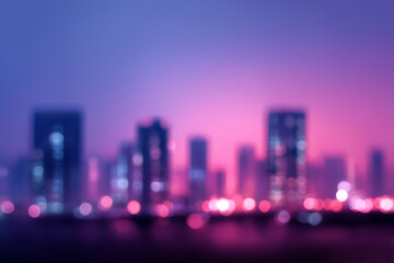 Blurred cityscape at night with glowing pink and purple lights showcasing modern buildings and vibrant urban atmosphere.
