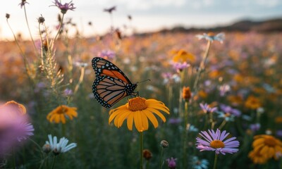 Monarch butterfly rests on a vibrant yellow flower amidst a meadow of wildflowers. Golden light bathes the scene