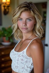 Woman with blonde hair in white tank top lying on bed, experiencing lower back pain in natural light