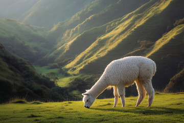 Naklejka premium White alpaca grazing on green grass in sunlit mountain valley during peaceful morning.