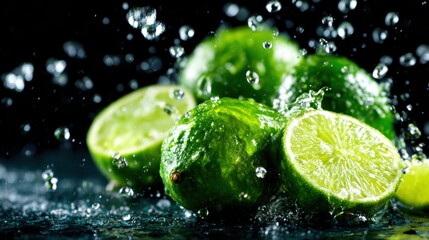 A group of vibrant green limes with droplets of water splashing around them, highlighting freshness and the juiciness that makes limes a staple in drinks and dishes.