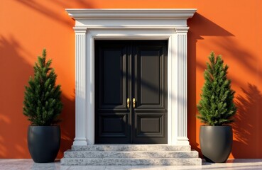 Fototapeta premium A black door with gold handles set in a white frame against an orange wall with two potted evergreen trees on either side