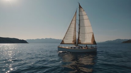 Fototapeta premium Sailing Yacht with Large White Sails on Calm Water in Scenic Landscape
