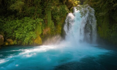 Obraz premium Lush waterfall cascading into a vibrant turquoise pool, surrounded by dense foliage