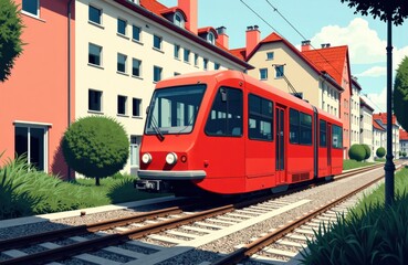 Obraz premium Modern red tram traveling through a residential neighborhood with colorful buildings