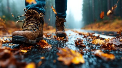 A close-up of sturdy hiking boots stepping through a colorful, leaf-covered trail in autumn, symbolizing adventure, exploration, and the beauty of nature during the change of seasons.