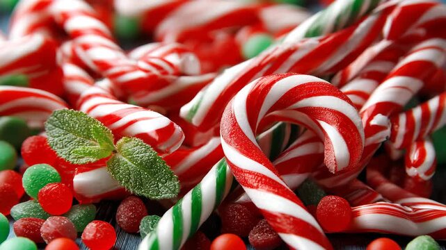 Colorful Christmas candies with peppermint stripes and festive decorations