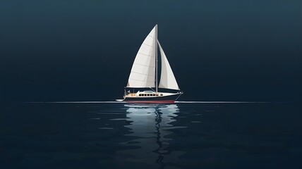 Fototapeta premium Sailboat with White Sails Gliding on Calm Dark Blue Ocean Under Clear Sky