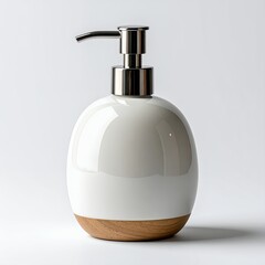 Elegant minimalist soap dispenser with wooden base for modern bathrooms on white background