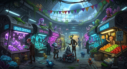 Obraz premium Futuristic Alien Market Scene Featuring Various Colorful Creatures and Goods.