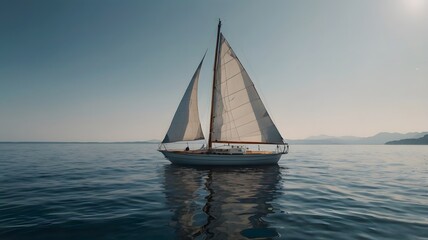 Fototapeta premium Sailing Yacht with White Sails on Calm Blue Water During Sunset