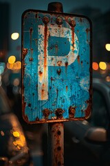 Urban street scene featuring a blue parking sign with white  p  amidst blurred cars and buildings