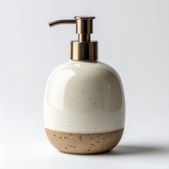 Fototapeta premium Elegant ceramic dispenser with brass pump creating a modern aesthetic on white background