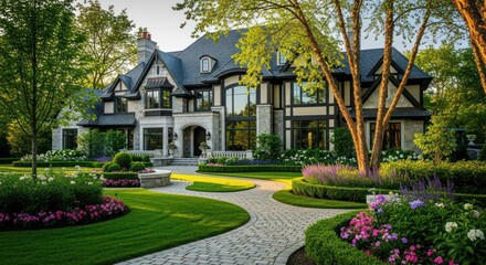 Luxurious, grand home nestled within meticulously landscaped gardens.  Exterior shot of a large, stately residence with a dark-gray roof and light-colored stonework. 