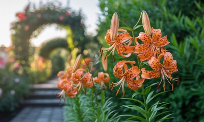 Orange lilies bloom in a garden setting.  Sunlight filters through a lush backdrop
