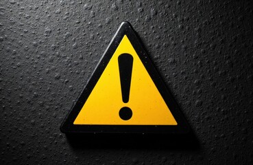 Warning sign with yellow triangle and black exclamation mark on textured dark background