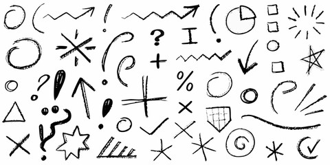 Assorted black hand drawn graphic elements and symbols on white background vector
