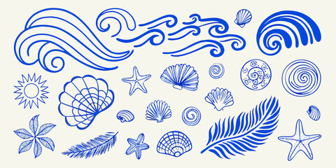 Assortment of Blue Hand Drawn Beach and Tropical Elements on Cream Background collection
