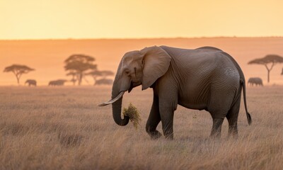 Fototapeta premium Majestic elephant grazing at dawn in the African savanna