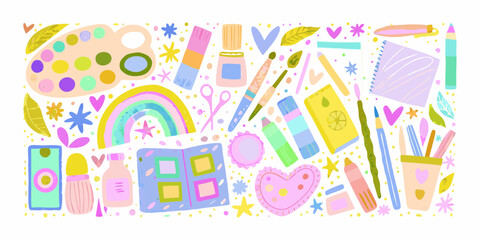 Cheerful Collection of Art Supplies and Crafting Tools in a Vibrant Palette stationery