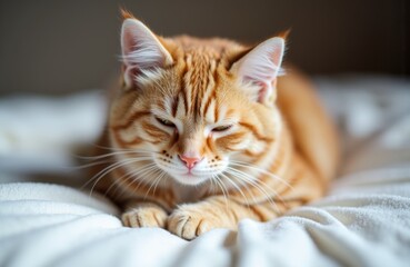Close-up of an orange tabby cat resting peacefully on a soft bed with a relaxed expression
