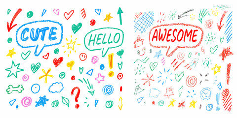 Colorful hand drawn doodles and speech bubbles with words cute hello awesome sketch