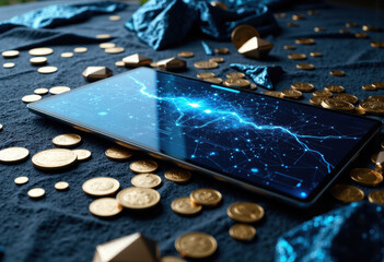 Smartphone with digital lightning display lying on scattered coins and chocolates on dark fabric background
