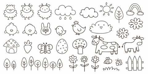 Cute Hand Drawn Black And White Farm Animals And Nature Elements vector illustration