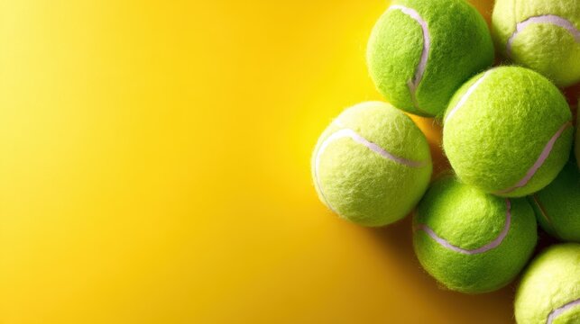 A collection of bright green tennis balls is artistically arranged against a vivid yellow background, showcasing the texture and freshness of the sport.