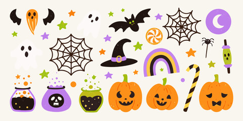 Halloween Themed Collection of Cute Spooky Icons and Symbols vector illustration