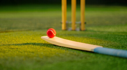 close up of red ball and cricket bat lying on green grass outdoor ground place
