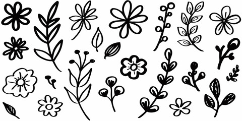 Hand Drawn Floral Elements Leaves and Flowers Collection vector illustration